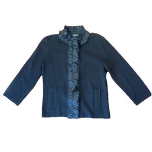 Lauren Ralph Lauren Knit Ruffle Neck Jacket Blazer Size:M Black Cotton Women